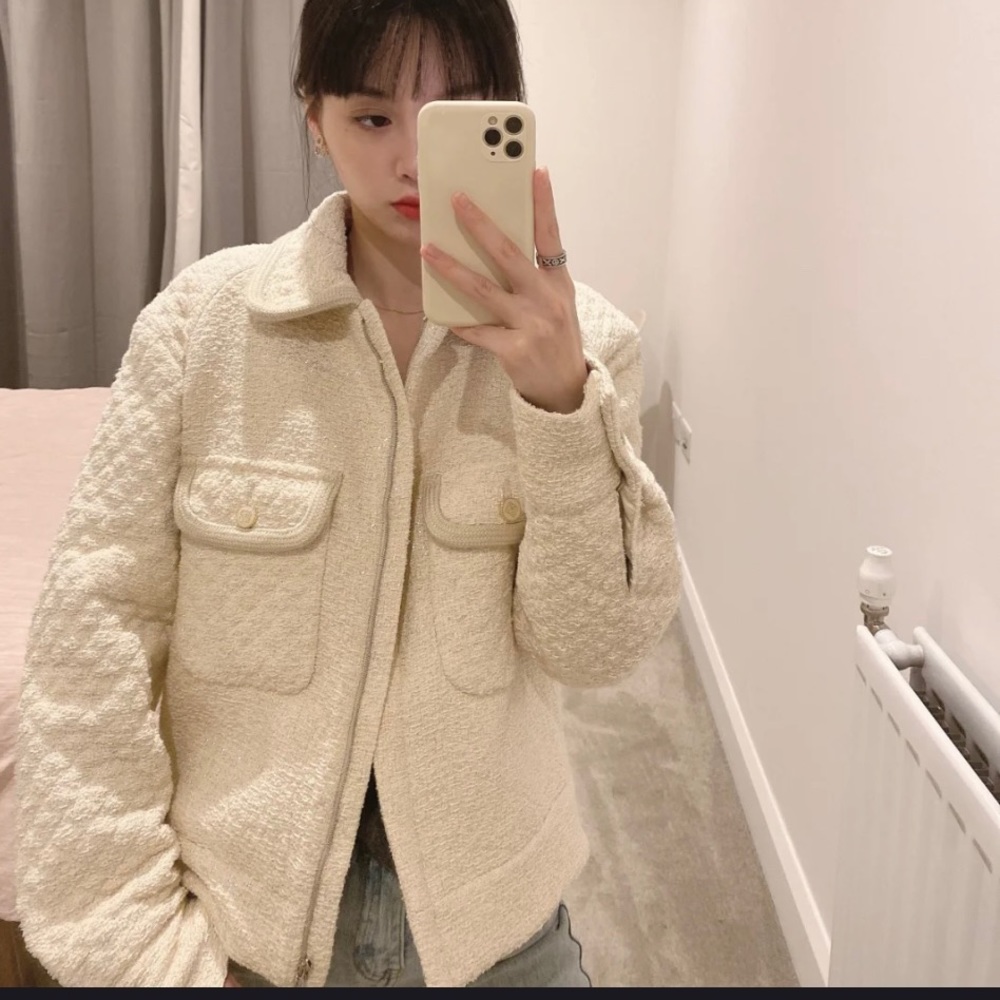 Sandro White Tweed Jacket With Quilting